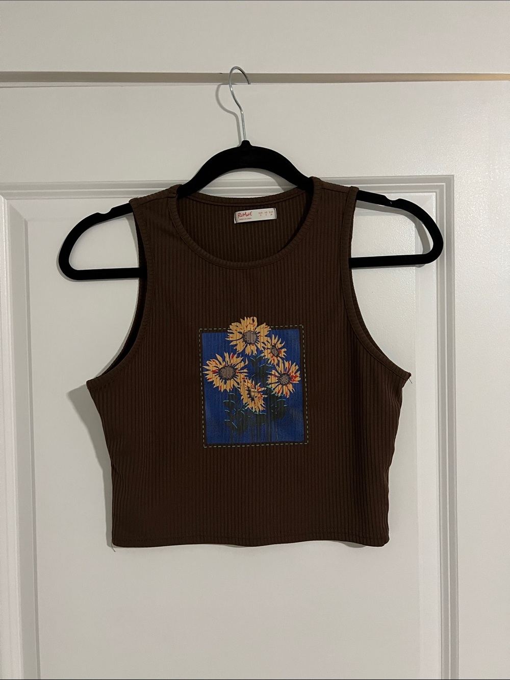ROMWE Brown Ribbed Sunflower Patch Crop Top